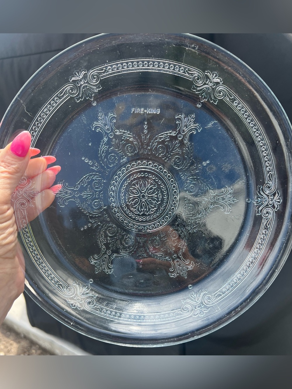 Vintage Fire-King Clear Glass 9” Pie Plate Ornate Scroll Medallion 1940s